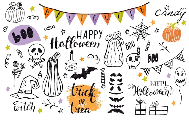 Cartoon-halloween-set-vektor. halloween-zeichnungen-vektor-set von design-elementen