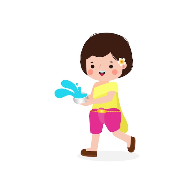 Cartoon happy songkran festival kinder mit wasserpistole und wasserschüssel genießen es, wasser auf thailändisch zu spritzen