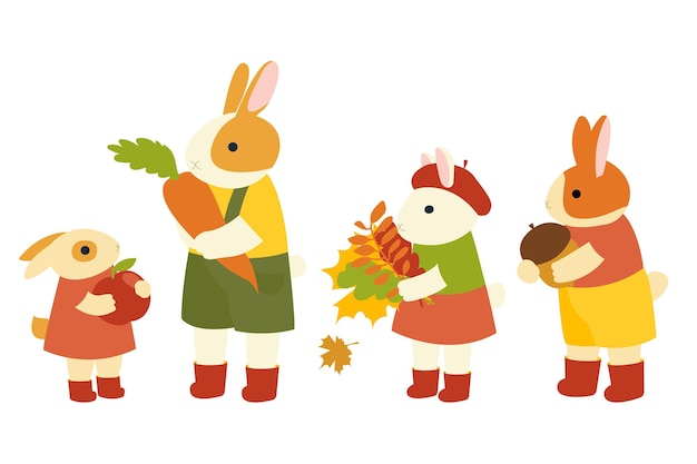 Cartoon hase kaninchen hase mit herbstlaub herbst süße hand gezeichnete waldtier kaninchen