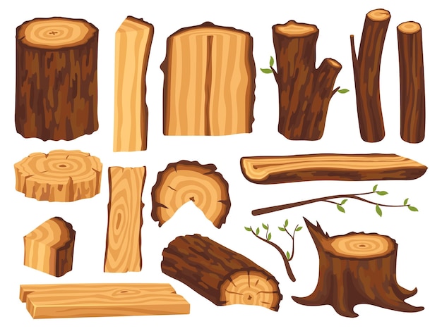 Cartoon-Holz Holzstämme und Baumstämme aus Holz Baumzweige isolierte Naturwaldobjekte Öko-Materialien für den Bau ordentlicher Vektorsätze