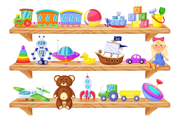 Cartoon holzregal mit kinderspielzeug babypuppe zugroboter teddybär rakete set