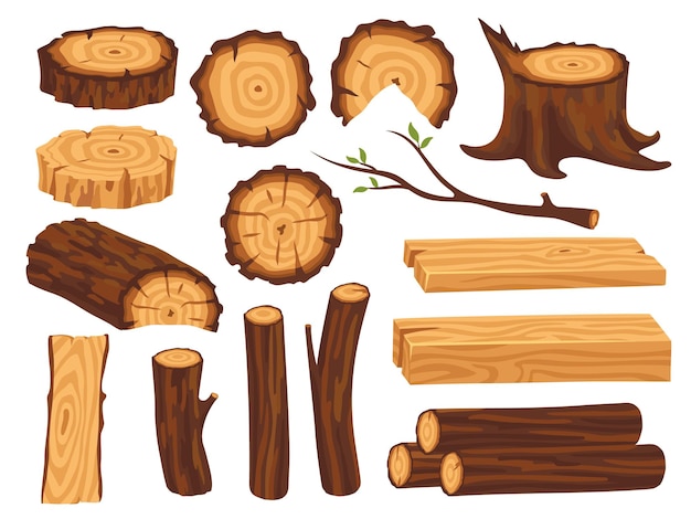 Cartoon-Holzstämme Holzscheite und Baumstämme Bauindustrie natürliche Öko-Materialien Isolierter Holzhaufen, der Baum ordentliche Vektorelemente schneidet