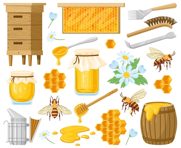 Cartoon honig. imkereielemente, waben, bienenstock, bienen und honig im glas