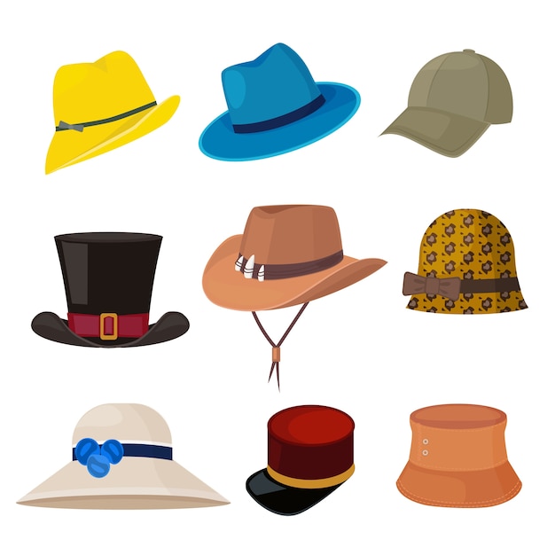 Cartoon Hüte. Stilvolle Accessoires für Männer und Frauen der flachen Modekollektion für Garderobenkopfbedeckungen. Modekollektion für Frauen und Männer, Kopfschmuck der Set-Illustration