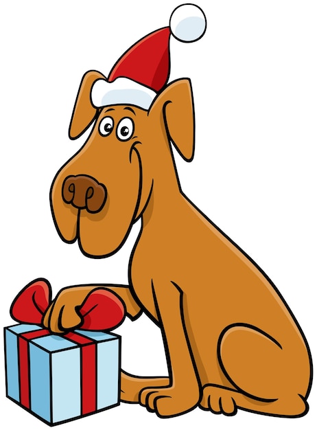 Cartoon-hund mit geschenk zur weihnachtszeit