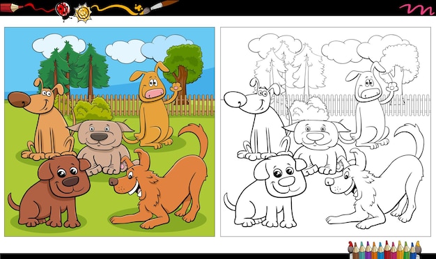 Cartoon hunde und welpen gruppe malbuch seite