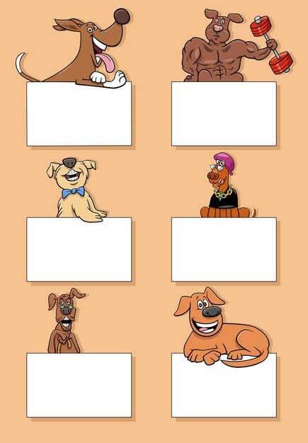 Cartoon-hunde und welpen mit karten-design-set