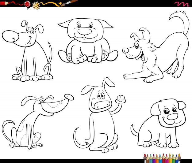 Cartoon hunde und welpen setzen farbbuchseite