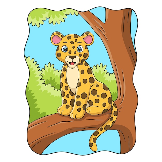 Cartoon-illustration der leopard sitzt stolz auf einem großen und hohen baumstamm, um seine beute von oben zu beobachten