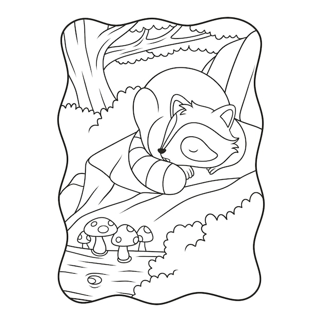 Cartoon-illustration der waschbär schläft auf einer klippe unter einem großen baum mitten im waldbuch oder auf einer seite für kinder schwarz und weiß