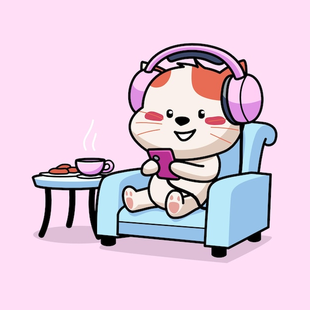 Cartoon-Illustration einer süßen Katze, die einen Kopfhörer trägt, der auf dem Stuhl sitzt, während sie mit einem Smartphone spielt und Musik hört