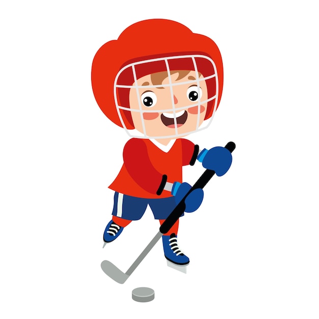 Vektor cartoon-illustration eines kindes, das eishockey spielt