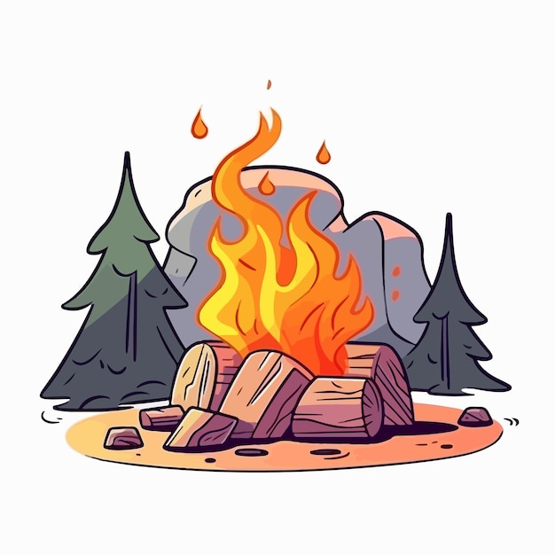 Cartoon-Illustration eines Lagerfeuers mit einem Feuer im Wald