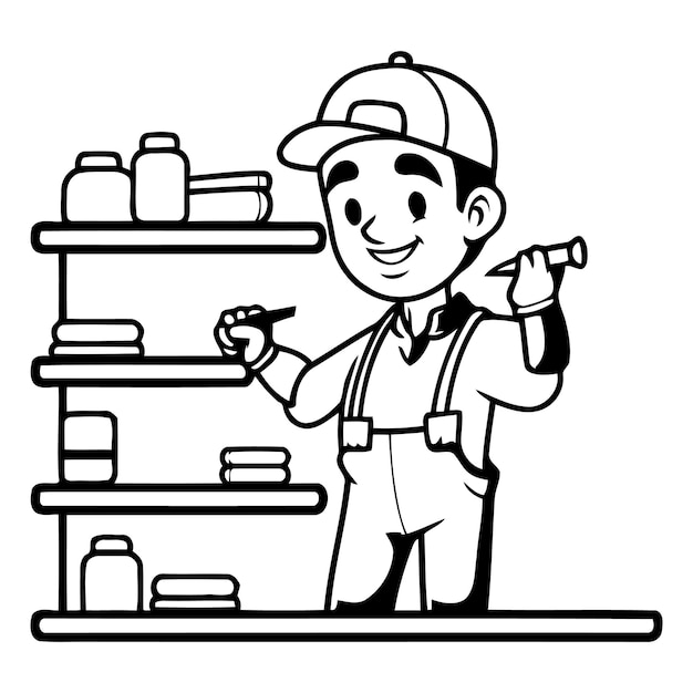 Vektor cartoon-illustration eines männlichen arbeiters in uniform und mütze, der an den regalen mit medikamenten steht