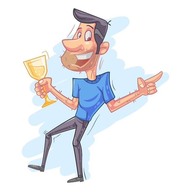 Cartoon-illustration eines mannes, der mit einem bierglas in der hand tanzt