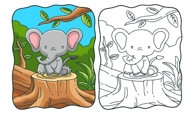 Cartoon illustration elefant sitzt auf einem baum, der malbuch oder seite für kinder gefällt wurde