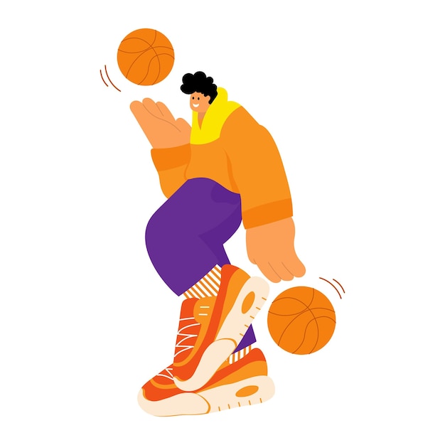 Vektor cartoon illustration lustiger kerl sportler in turnschuhen mit basketbällen print poster clipart