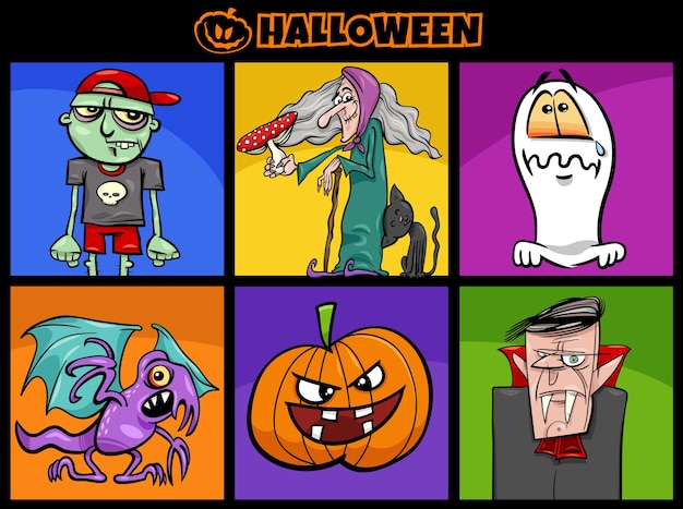 Cartoon-illustration von comic-halloween-charakteren eingestellt