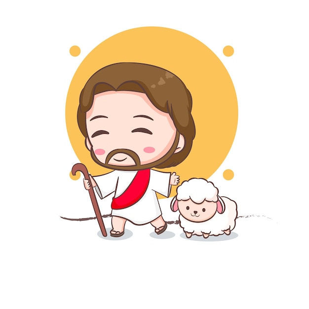 Cartoon-illustration von jesus und der schaf-cartoon-figur