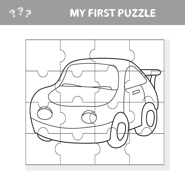 Cartoon-illustration von puzzle-spiel für kinder im vorschulalter mit auto - mein erstes puzzle- und malbuch