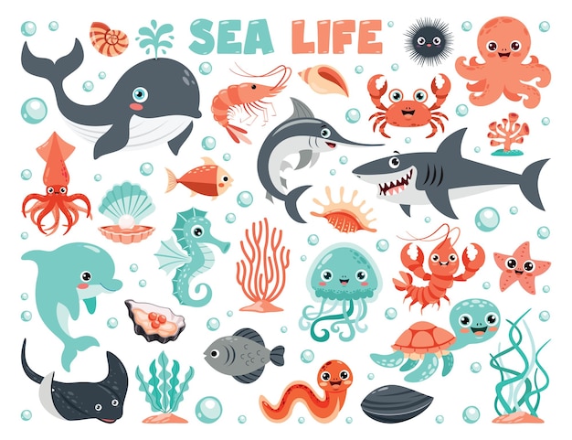 Cartoon-illustration von sea life elements