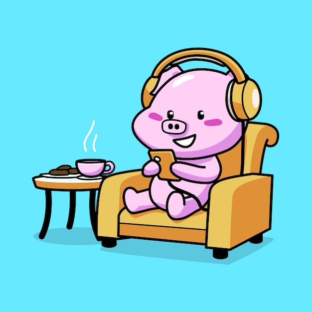 Cartoon-illustration von süßem schwein trägt einen kopfhörer, der auf dem stuhl sitzt, während er mit einem smartphone spielt und musik hört