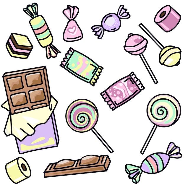 Cartoon-illustration von süßigkeiten und bonbons für malbücher