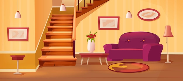 Cartoon-Interieur mit Treppe. Gemütliches Flurzimmer im Inneren und zweistöckige Wohnungen, Vektor-Hintergrundillustration