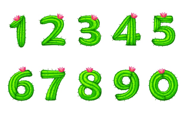 Cartoon-kaktus mit blumenschrift kinderzahlen für die schule ui. vektorillustrationssatz grüne naturfiguren von pflanzen.