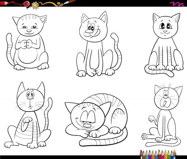 Cartoon katzen und kätzchen setzen farbbuchseite