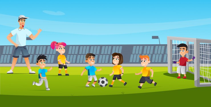 Cartoon Kid spielen Fußball Schiedsrichter Blowing Whistle