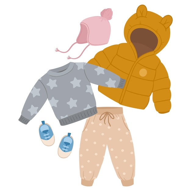 Vektor cartoon-kinder-outfit lässige kleidung für babys oder mädchen, niedliche kleine hosen, pufferjacke und accessoires, flache vektorgrafiken auf weißem hintergrund