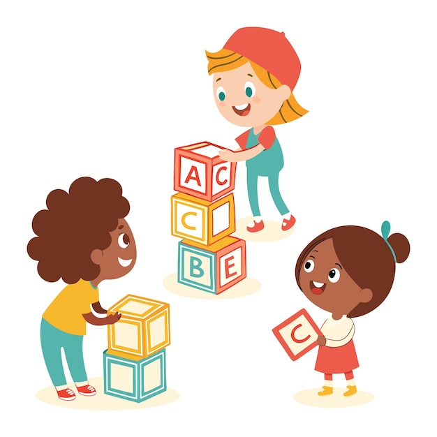 Cartoon-Kinder spielen das Stapeln von Alphabetblöcken vektorische Illustration