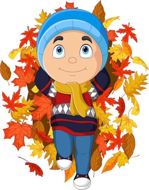 Cartoon kleiner junge mit herbstlaub