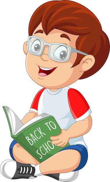 Cartoon kleiner Junge sitzt und liest ein Buch