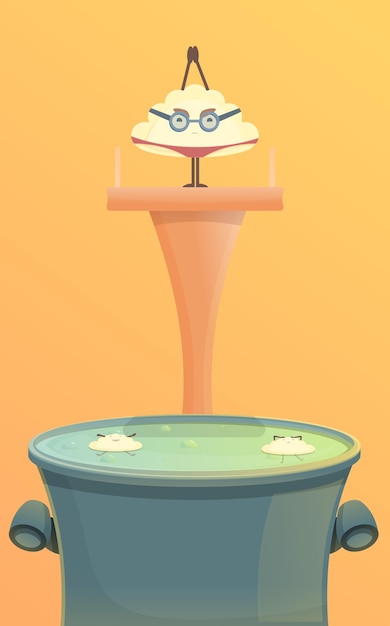 Cartoon-Knödel, der in einen Topf mit Wasser springt, Vektorillustration
