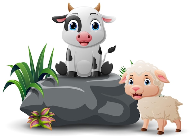 Vektor cartoon-kühe und schafe sitzen auf dem stein