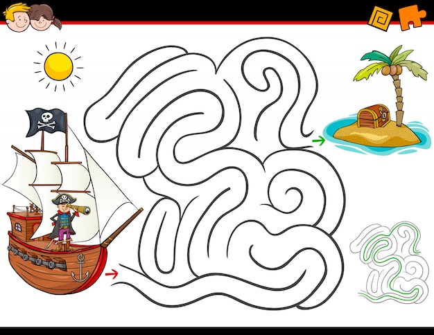 Cartoon-labyrinth-aktivität mit piraten und schatz
