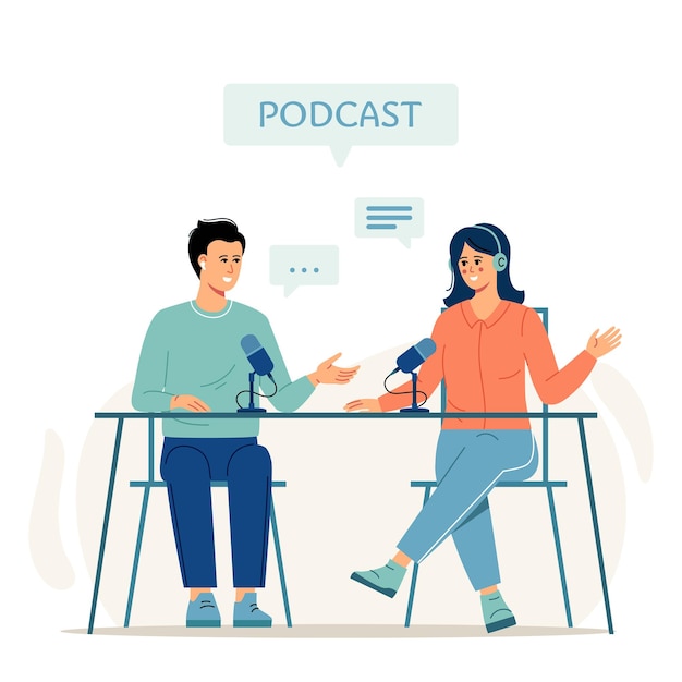 Cartoon lächelnde Menschen hören und aufnehmen Audio-Podcast oder Online-Show-Vektor-flache Illustration