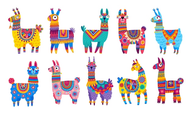 Cartoon-lama- und alpaka-figuren. lustige lama-tiere in südamerika, peru oder mexiko, wilde oder nutztiere, isolierte vektorfiguren, die decken und sättel mit mexikanischen ethnischen ornamenten tragen