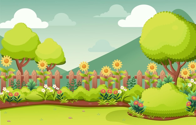 Cartoon-Landschaft mit Bäumen und Blumen