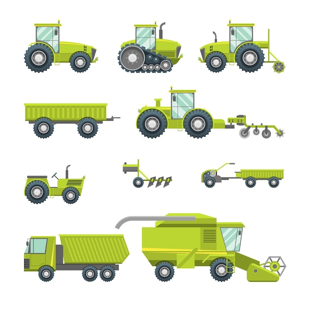 Cartoon landwirtschaftliche fahrzeuge ikonensatz unterschiedliche art beinhaltet von traktor und lkw flach design stil vektor-illustration von ikonen