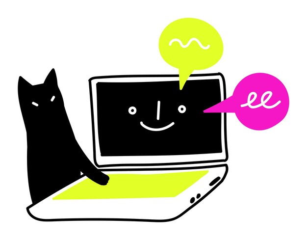 Vektor cartoon-laptop und glückliche katzen-illustration