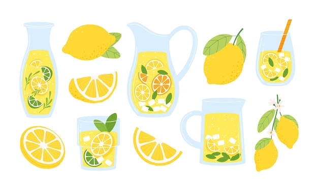 Cartoon-Lemonade mit Zitronen in Flasche und Glas Wasser mit Minze und Zitronenscheibe Saft in Glas und Karaffe frische Sommergetränke pikant Vektor-Set
