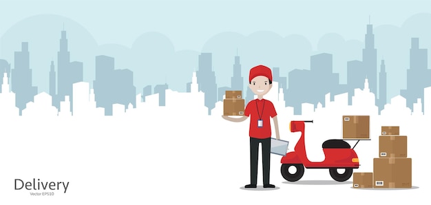 Cartoon-Lieferbote in roter Uniform mit Motorrad auf dem Hintergrund der Skyline der Stadt