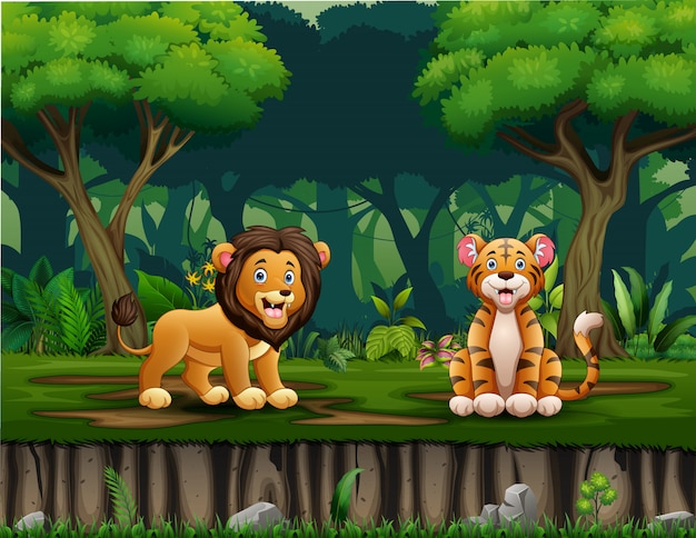 Cartoon löwe und tiger leben im dschungel