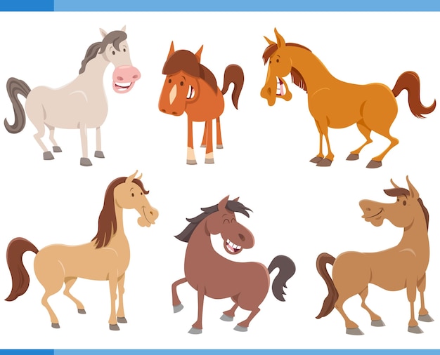 Cartoon lustige pferde nutztierfiguren gesetzt