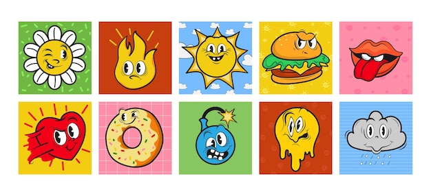 Cartoon lustige retro-charaktere quadratische aufkleber donut-burger-herz mit lustigen gesichtern vektor-set
