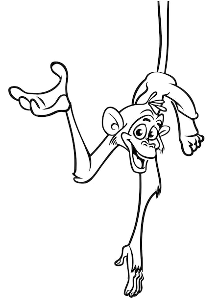 Cartoon lustiger affe vektor-illustration eines glücklichen affen schimpansen umrisse für malblätter buch