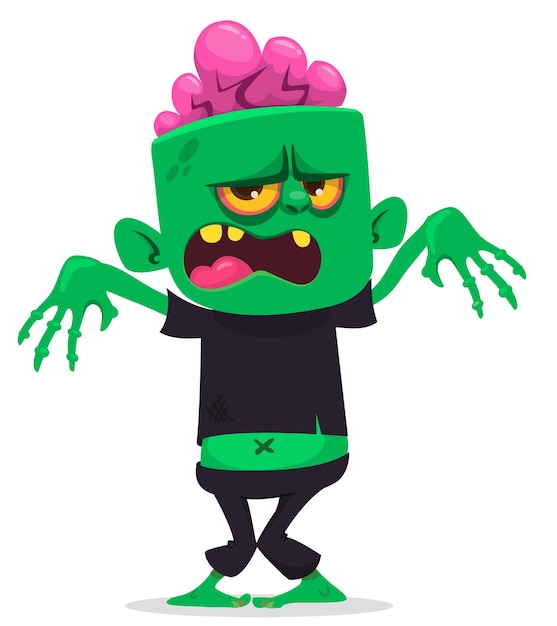 Cartoon lustiger grüner zombie mit rosa gehirnen außerhalb des kopfes halloween-vektorillustration isoliert